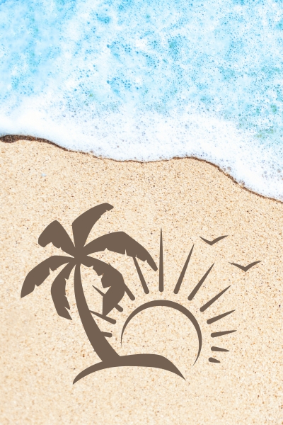 Beach illustration with a palm tree on sand, a rising sun, birds in the sky, and blue waves at the shore.