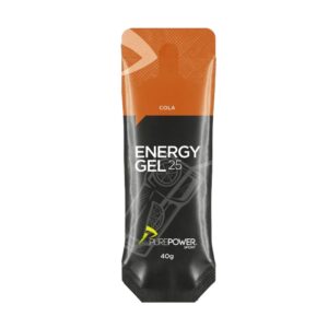Cola-flavored energy gel packet labeled ENERGY GEL 25 by PurePower Sport, 40 g, black-and-orange design