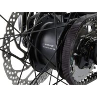 Close-up of a bicycle's rear hub motor and disc brake rotor, showing spokes and gear ring detail (e-bike component).