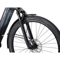 Front wheel of a black Giant e-bike showing a hydraulic fork, large disc brake rotor, and Schwalbe Marathon E Plus tire.