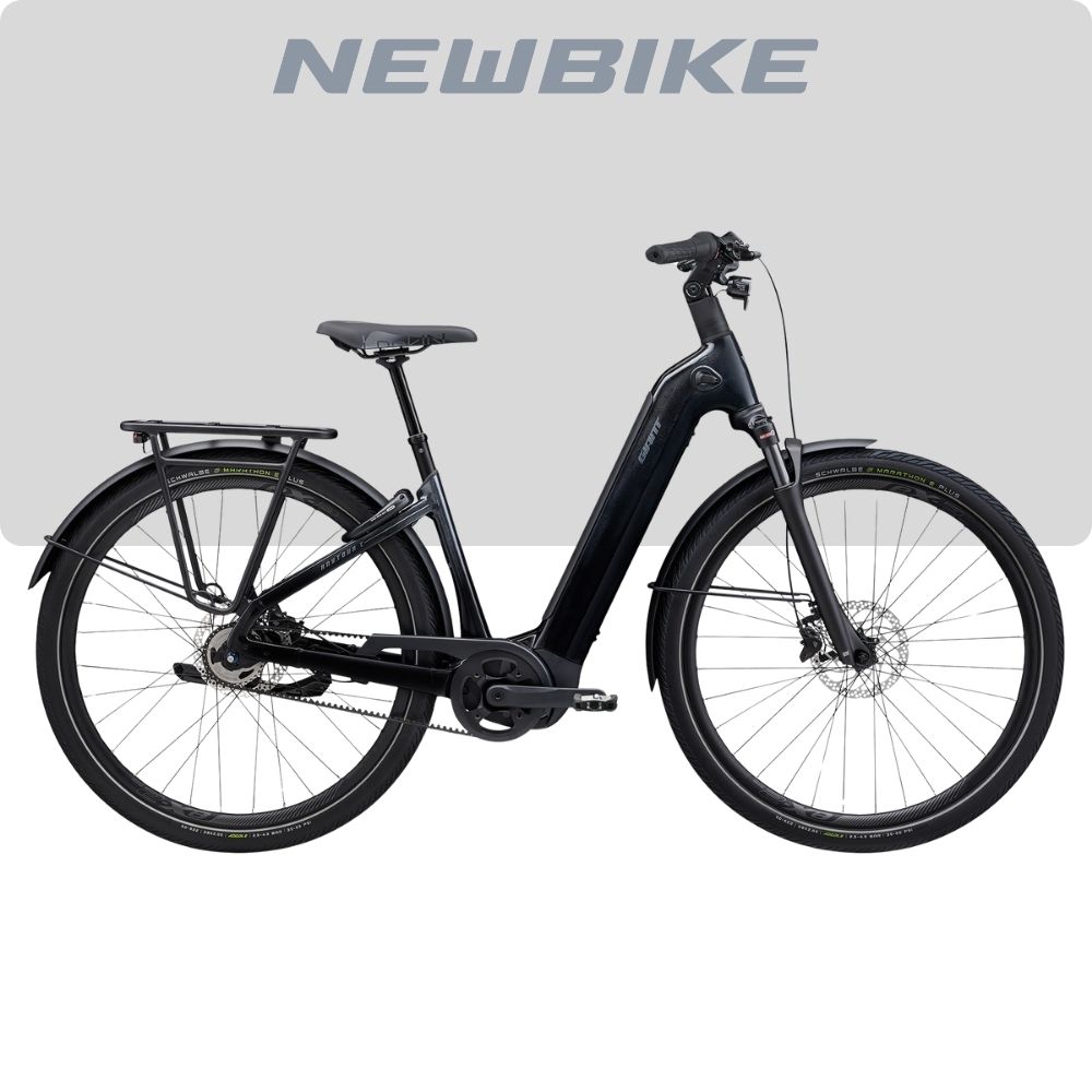 Black electric city bike shown in profile with a step-through frame, rear rack, and front disc brakes against a gray backdrop with a NEWBIKE logo above.