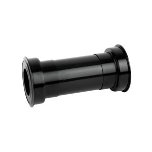 Black cylindrical bicycle part with flared ends, viewed from the side (likely a spacer or adapter).