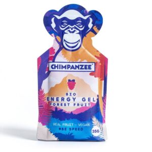 Colorful energy gel pouch with a blue chimpanzee logo and 'CHIMPANZEE' branding, labeled Bio Energy Gel Forest Fruit (vegan)