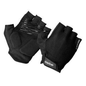Black fingerless cycling gloves with padded palms and a Velcro strap, GripGrab brand visible on the wrist strap