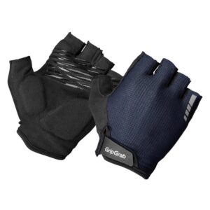 Pair of fingerless cycling gloves with padded palms, black on one glove and navy blue on the other, GripGrab branding visible