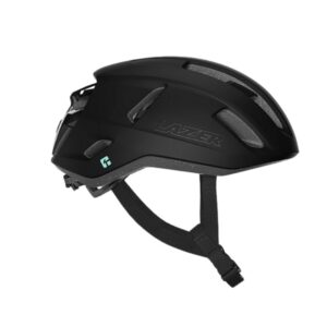 Black bicycle helmet with multiple vents and an adjustable chin strap.