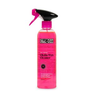 Pink spray bottle of Muc-Off Chain Wax Cleaner with a black trigger nozzle.