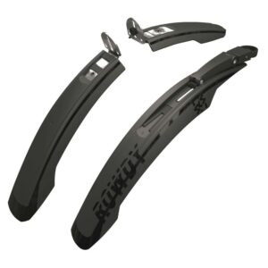 Pair of black bicycle fenders with mounting hardware for front and rear protection against splashes.