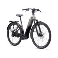 Electric cargo-style electric bicycle with integrated battery, front suspension, rear rack, and disc brakes on a white background