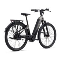 Gray electric bike with a mid-drive motor, large battery on the downtube, and a rear cargo rack with disc brakes on the wheels
