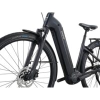 Close-up of a black electric bike's front end showing the integrated battery, suspension fork, and disc brake on the front wheel.
