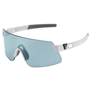 White and light-blue sports goggles with a curved shield lens and nose pad, designed for eye protection during activities.