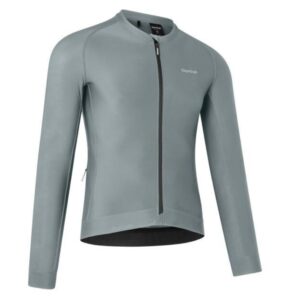 Light gray cycling jacket with a full-length black zipper and stand collar, long sleeves, front view.