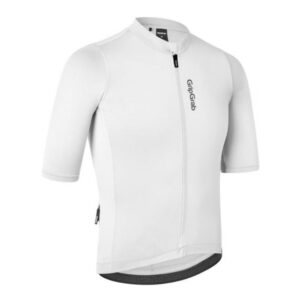 White GripGrab cycling jersey with front zipper and curved back hem for a streamlined look.