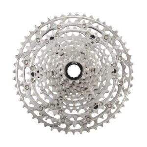 Rear bicycle cassette with multiple metal sprockets arranged in a spiral edge to edge edge.