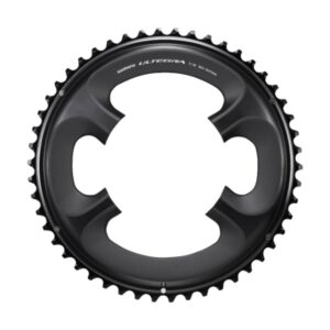 Black Shimano Ultegra road bike chainring with external teeth, front view