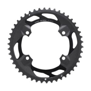 Black Shimano GRX chainring for a gravel/road bike, round with external teeth and spider-shaped inner supports.