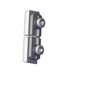 Metal door hinge component with two mounting pins and circular plates arranged vertically