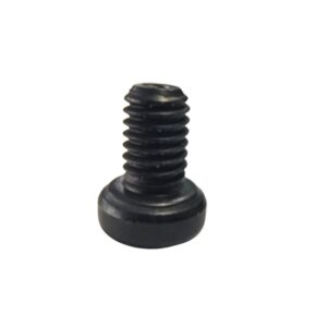 Small black screw with a rounded flat head and threaded shaft (tiny fastener).