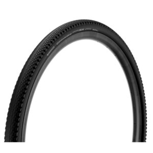 Curved black bicycle tire showing knobby tread and sidewall texture.