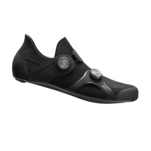 Black cycling shoe with a two-BOA dial closure and knit upper, designed for a secure, dial-tight fit.