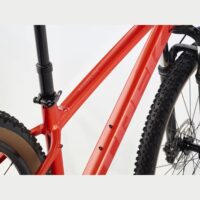 Close-up of a red mountain bike frame showing the black seat post, rear tire, and front fork; downtube has two bottle-cage mounting holes.