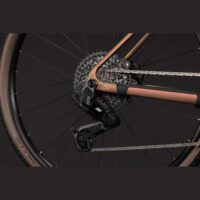 Close-up of a bicycle's rear drivetrain showing cassette, chain, and derailleur on a copper frame.