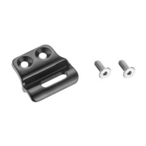 Black metal mounting bracket with two holes and a central slot, plus two small screws nearby.