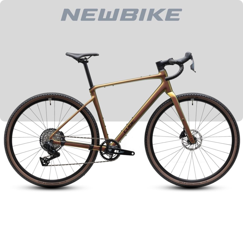 Bronze-colored road bike with drop handlebars, disc brakes, and a 1x drivetrain; NEWBIKE logo above.
