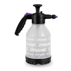 Foam cannon attachment for a pressure washer with a clear bottle and purple nozzle cap, labeled Dynamic on the bottle cap area.