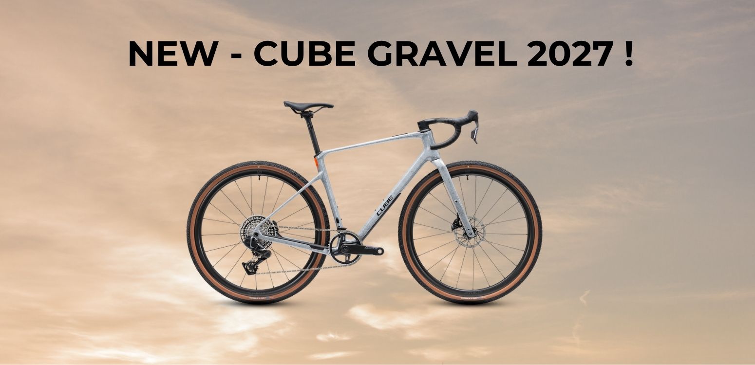 Banner announcing the Cube Gravel 2027 with a silver gravel bike against a warm sky backdrop.