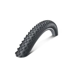Curved mountain bike tire with large, knobby tread shown from the side.