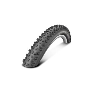 Bent knobby mountain bike tire with large tread blocks on a white background]