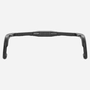Black road bike drop handlebars with integrated shifters, centered on a white background.