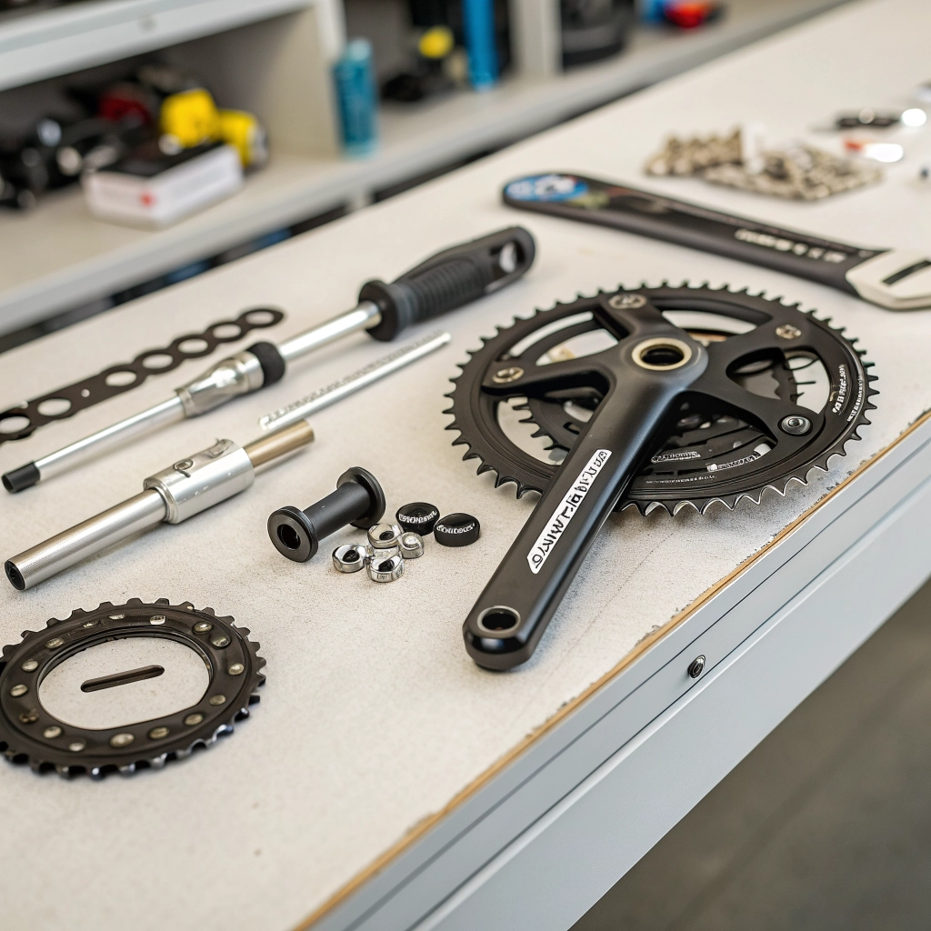 Nærbillede af Shimano cykelkomponenter og værktøj på et rent værkstedsbord.