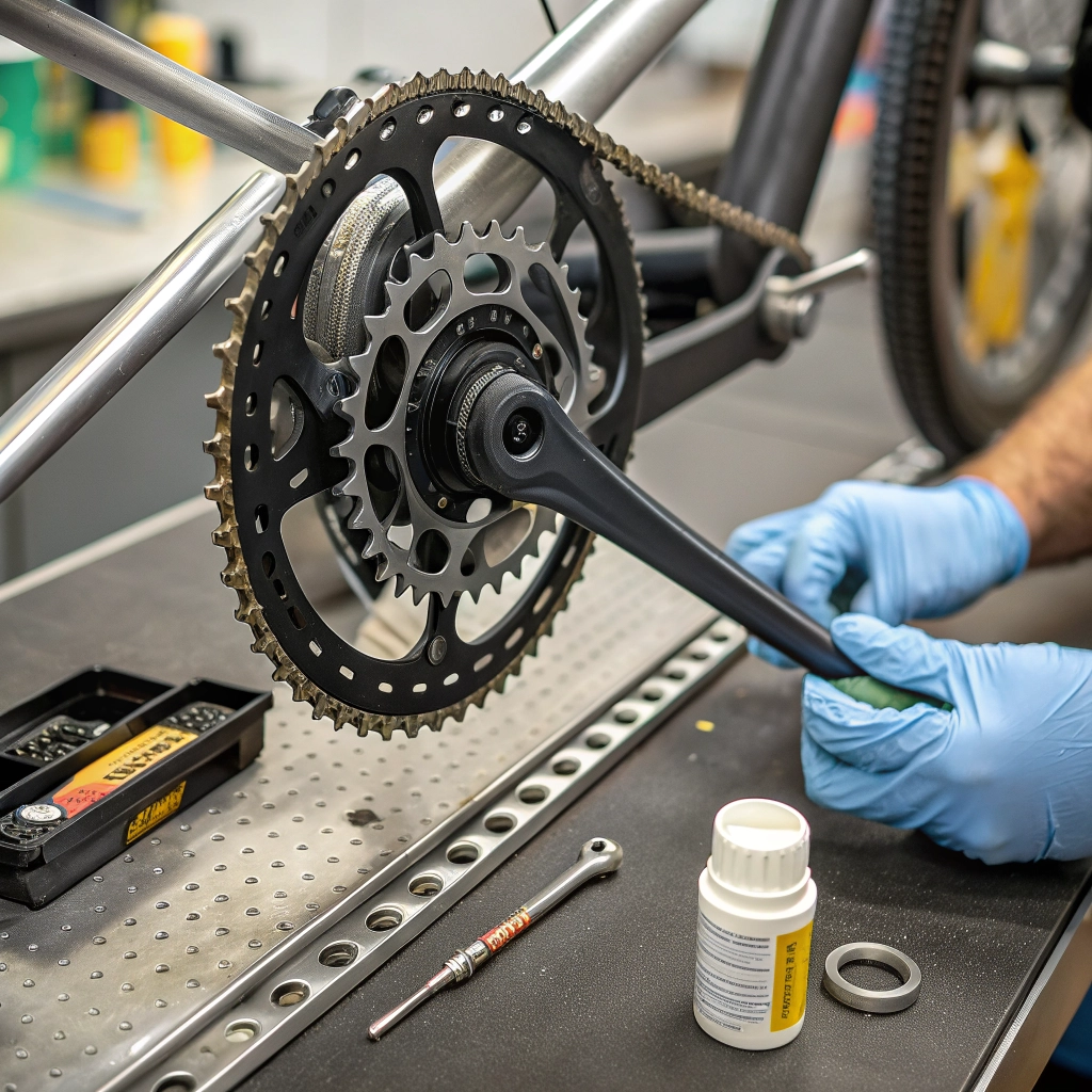 Nærbillede af cykelgear og kæde der bliver serviceret. Professionel cykelservice.